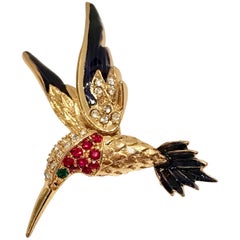 Vintage Gold & Enamel Austrian Crystal Rhinestone "Hummingbird" Brooch-Signed