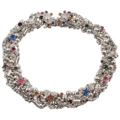 Kalinger Paris Signed Silver Plate Chain Necklace with Tutti Frutti Rhinestones