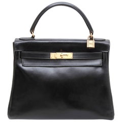 HERMES Vintage Kelly 28 Klappentasche in schwarzem Boxleder