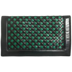 Vintage Bottega Veneta intrecciato navy and green large clutch bag, unisex purse