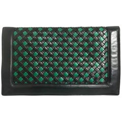 Retro Bottega Veneta intrecciato navy and green large clutch bag, unisex purse