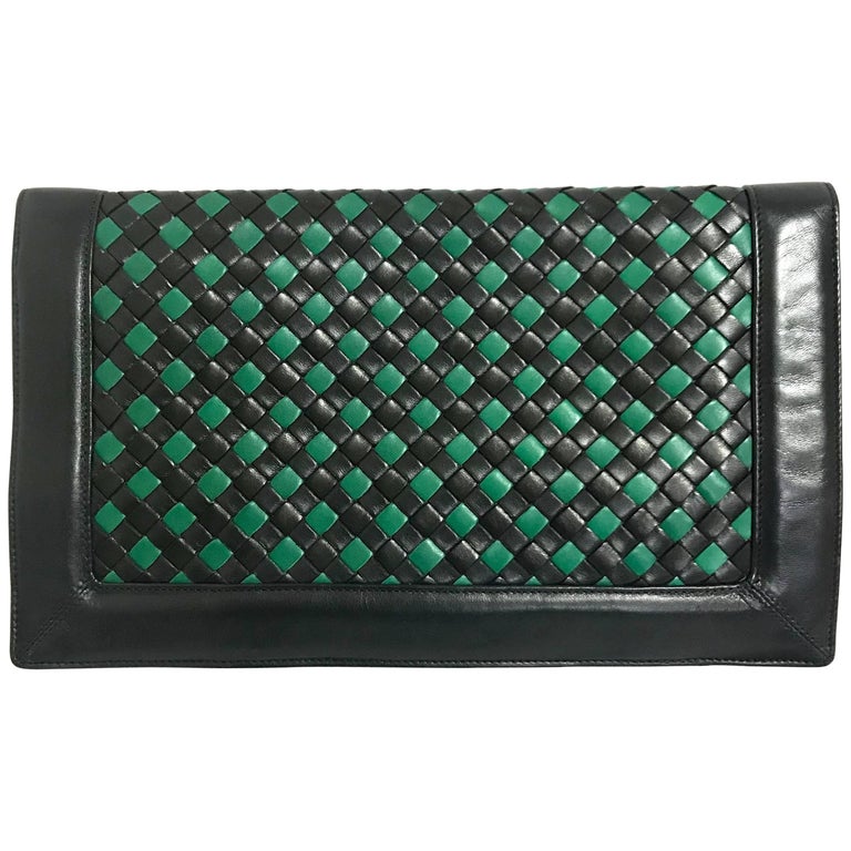 Vintage Bottega intrecciato navy and green large clutch bag