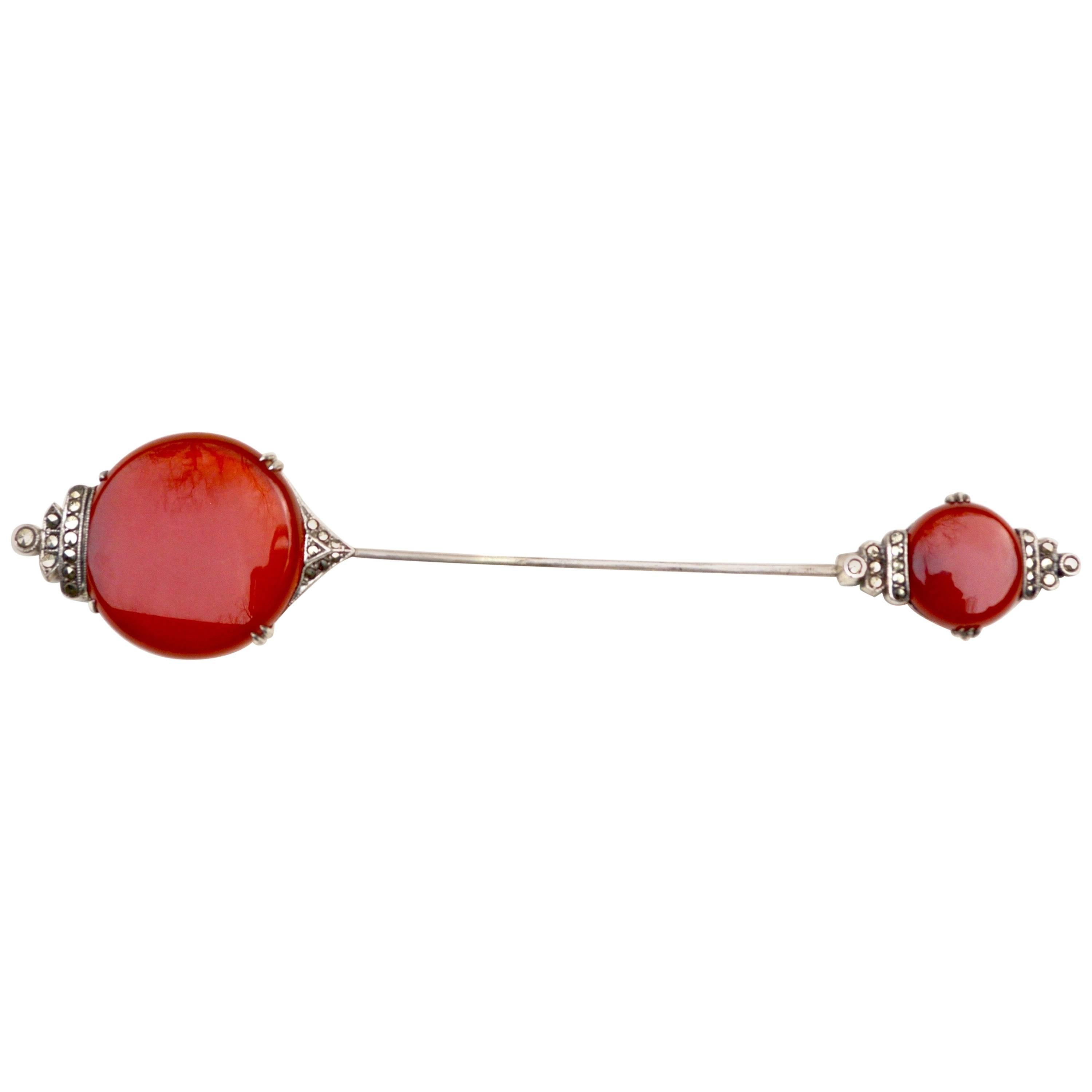 Art Deco Carnelian, Marcasite, and Sterling Hat Pin / Jabot For Sale