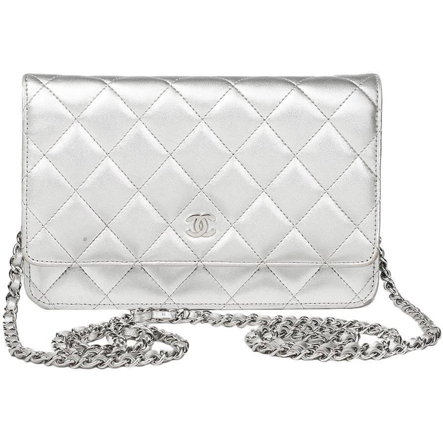 Chanel Silver Quilted Lambskin Wallet On Chain 