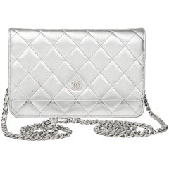 Chanel Silver Quilted Lambskin Wallet On Chain 