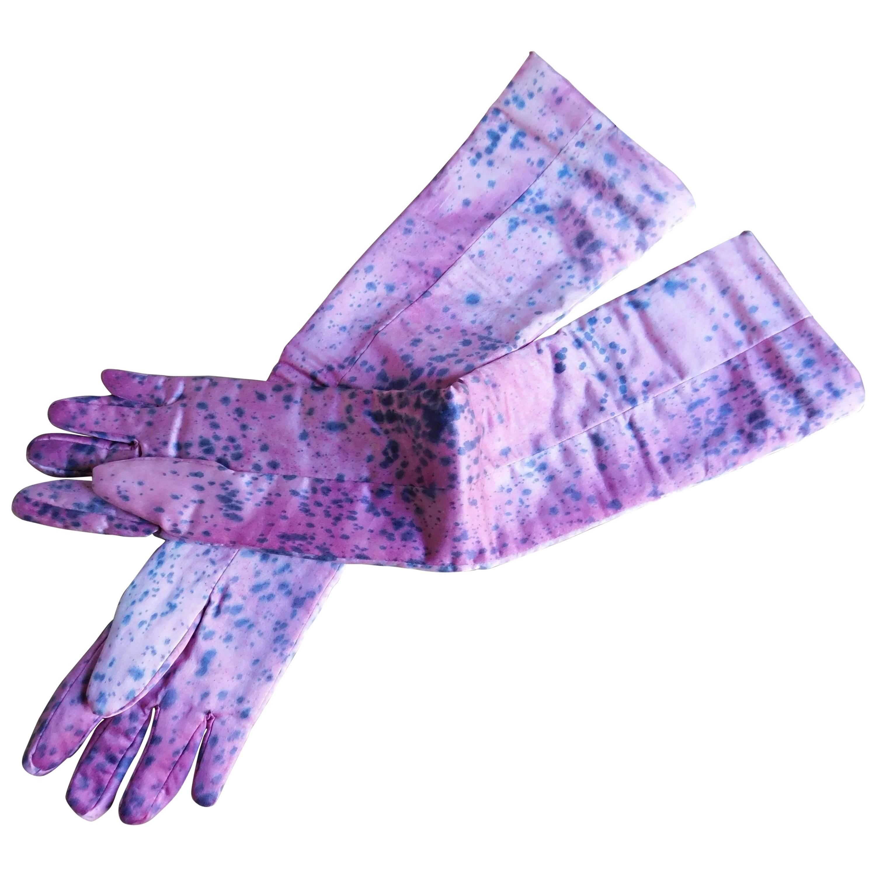 Katrien Van Hecke Long Pink Silk Gloves with Hand Dyed Spatter Pattern  For Sale