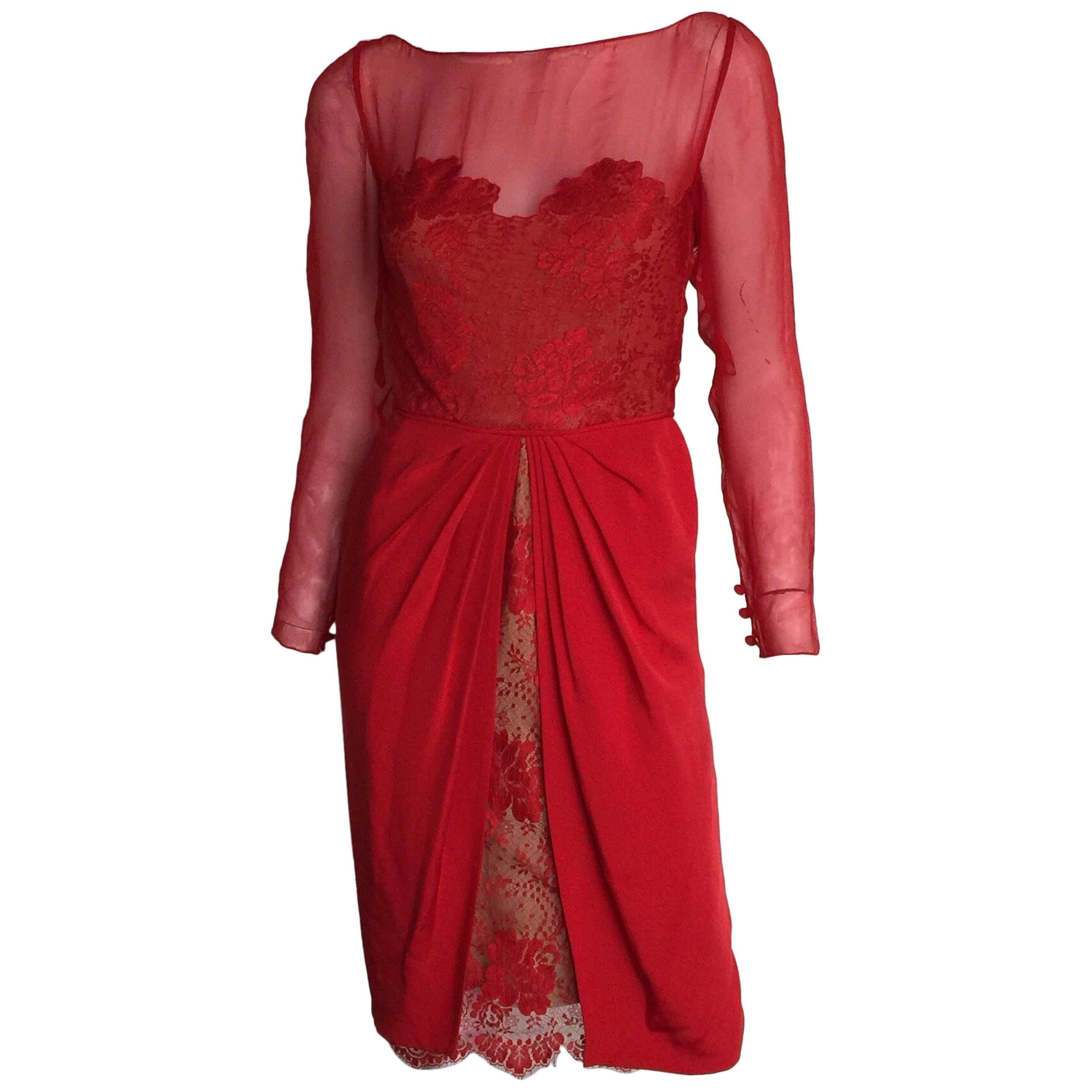 Bill Blass red silk and lace dress For Sale