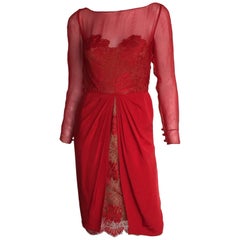 Bill Blass red silk and lace dress