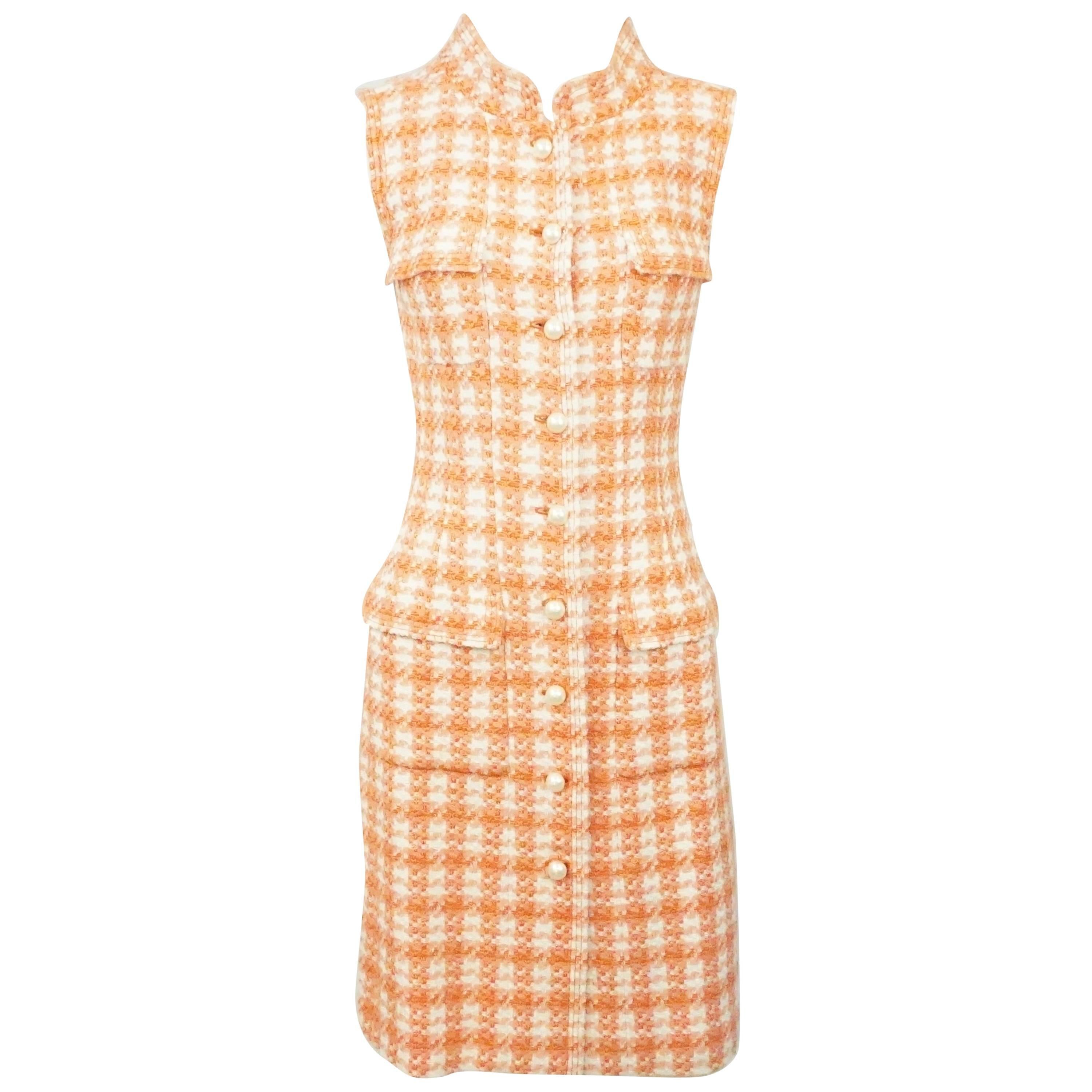 Chanel Coral and White Plaid Tweed Sleeveless Dress with Pearl Buttons-36-01P