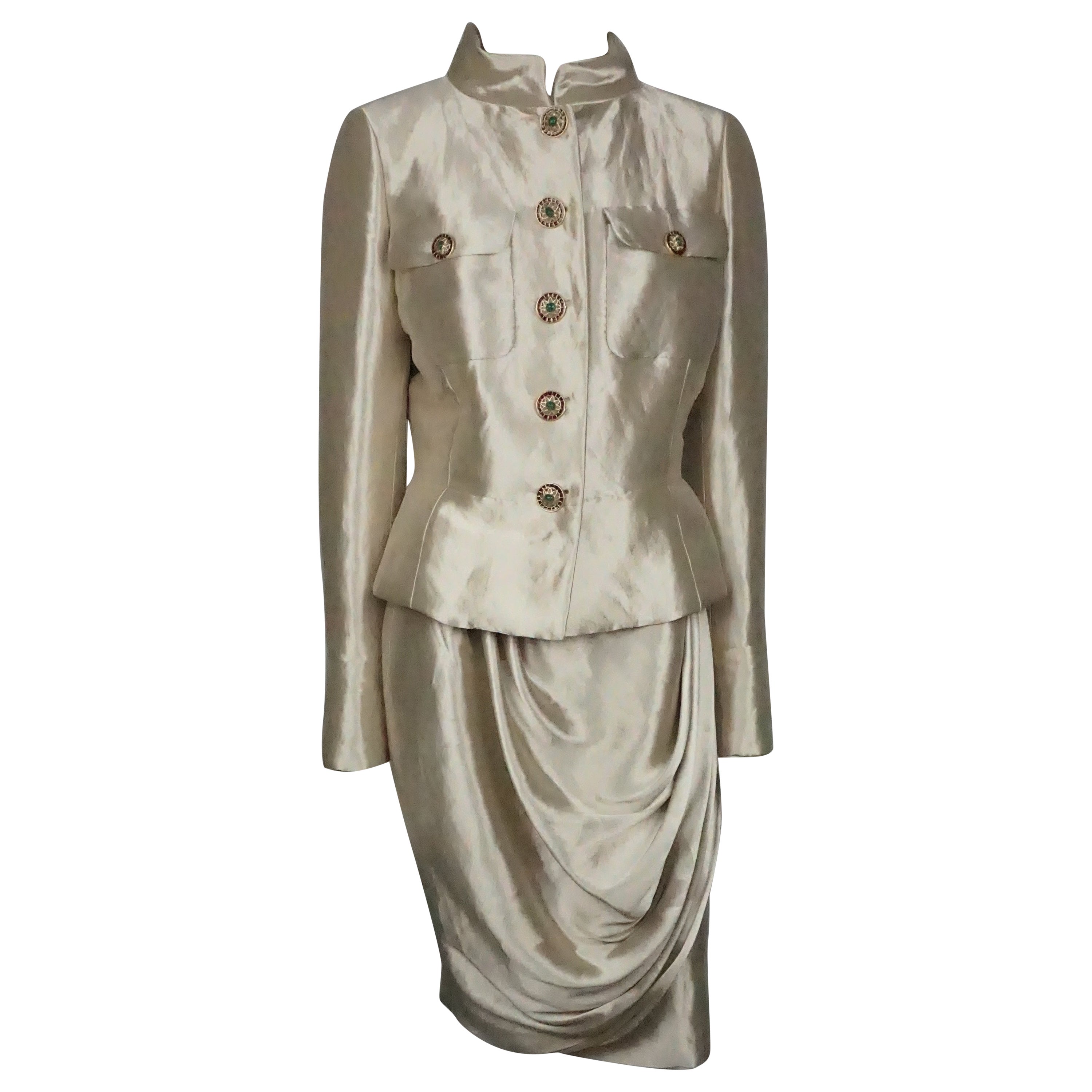 Chanel Gold Metallic Silk Lame Skirt Suit with Gripoix Buttons - Size 40 