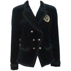 Chanel Black Velvet Jacket with Fringe Detail and Gold Beaded Crest - 42