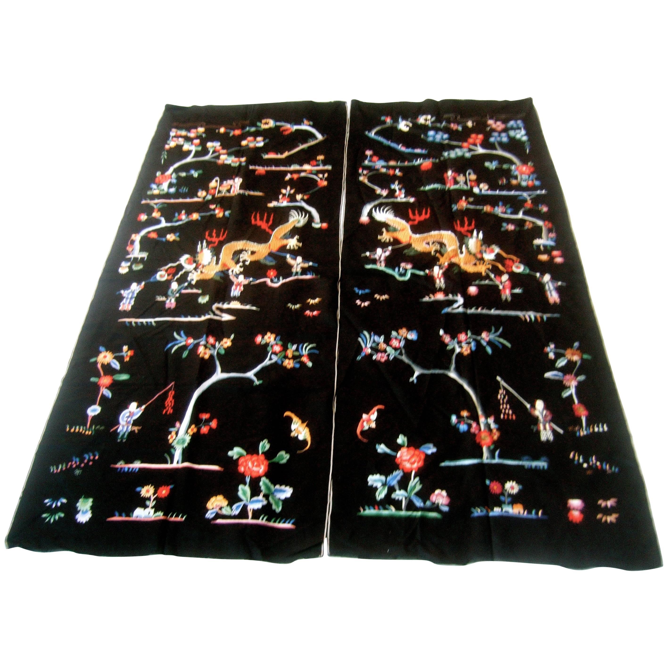 Exotic Embroidered Asian Theme Pair of Satin Fabric Panels c 1970s 