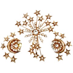 Vintage Gold & Austrian Crystal Rhinetsone "Stars & Moon" Demi Parure- S/3