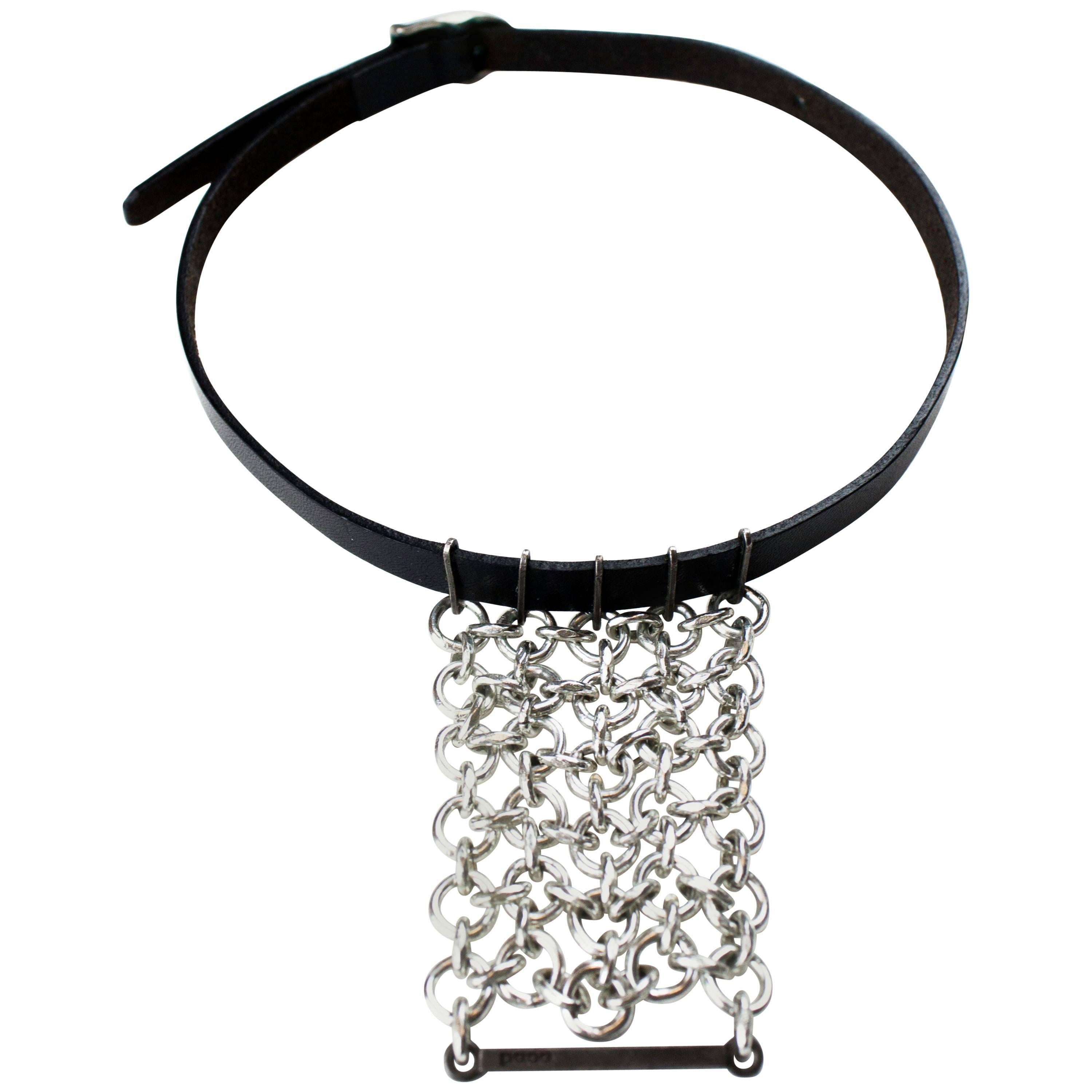 Paco Rabanne black leather and  chainmail necklace, circa 1996 For Sale