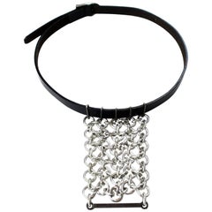 Vintage Paco Rabanne black leather and  chainmail necklace, circa 1996