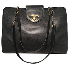 Chanel Vintage Black Caviar Leather Model Overnighter Tote Travel Bag