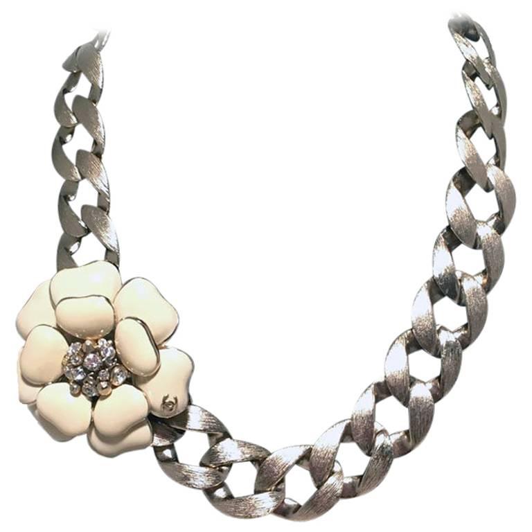 Chanel Silver Chain Camellia Flower Choker Short Necklace For Sale