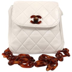 Chanel Vintage White Leather Small Flap Bag with Bakelite Strap