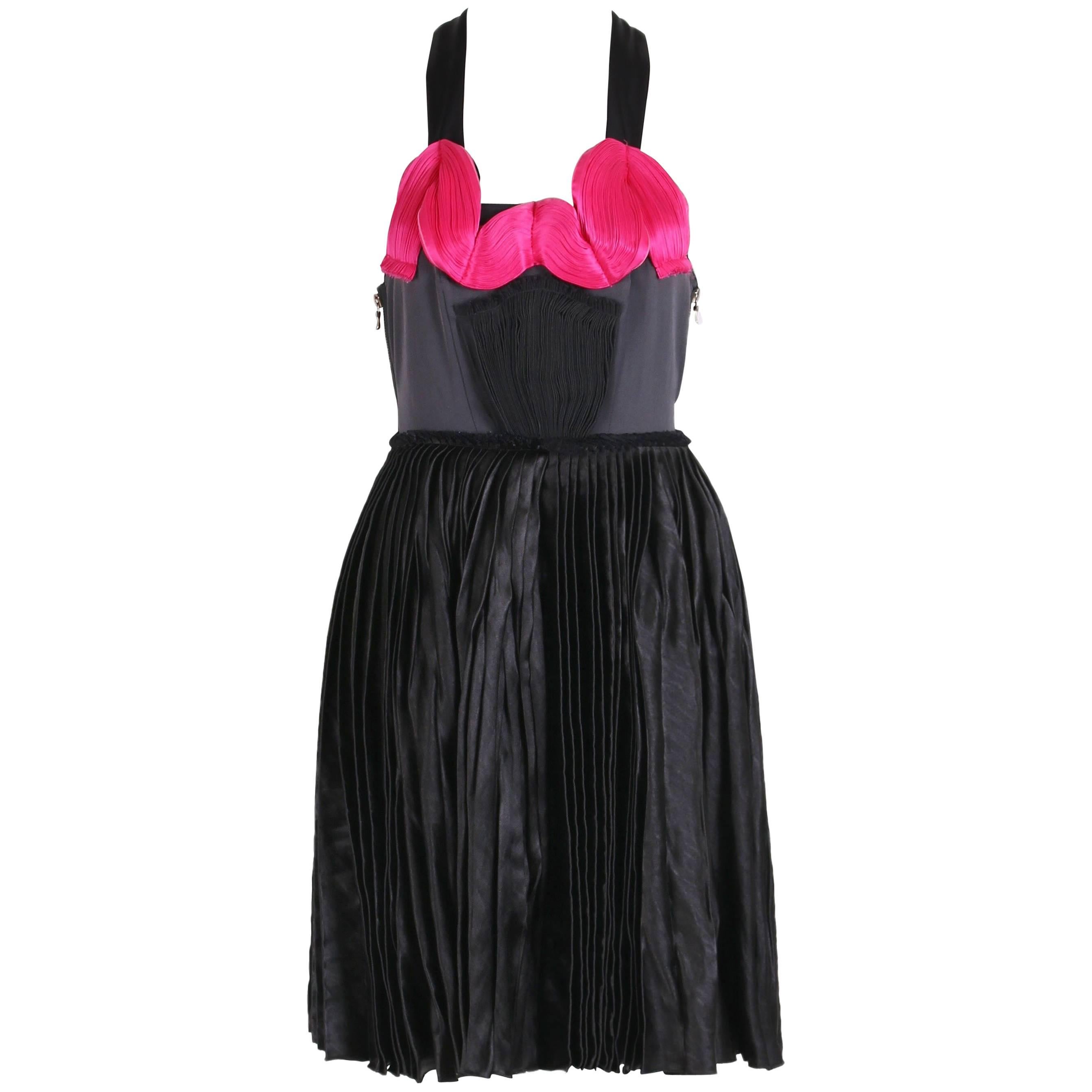 Lanvin Black and Hot Pink Sleeveless Mini Dress with Pleated Skirt, 2007  For Sale