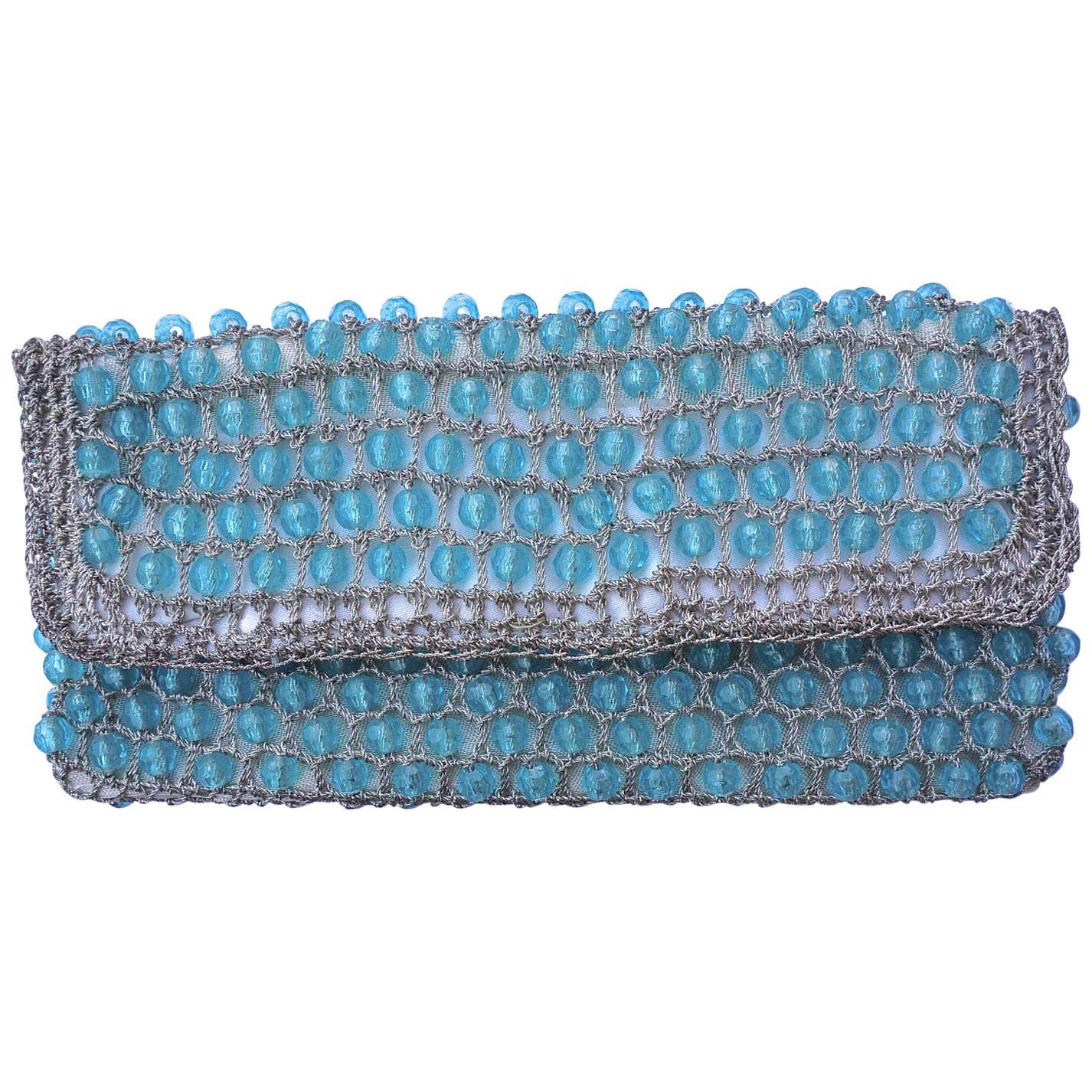 Italian Blue Beaded Clutch Bag with Silver Crochet Trim, 1950s 