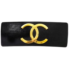 Chanel '90s Vintage Black Leather CC Barrette Hair Clip