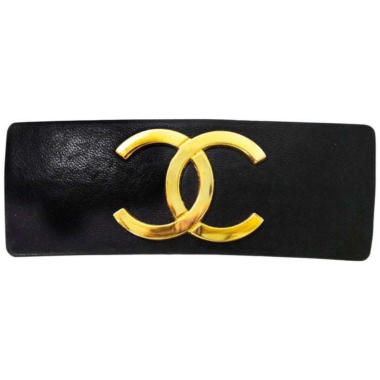 Chanel '90s Vintage Black Leather CC Barrette Hair Clip For Sale at