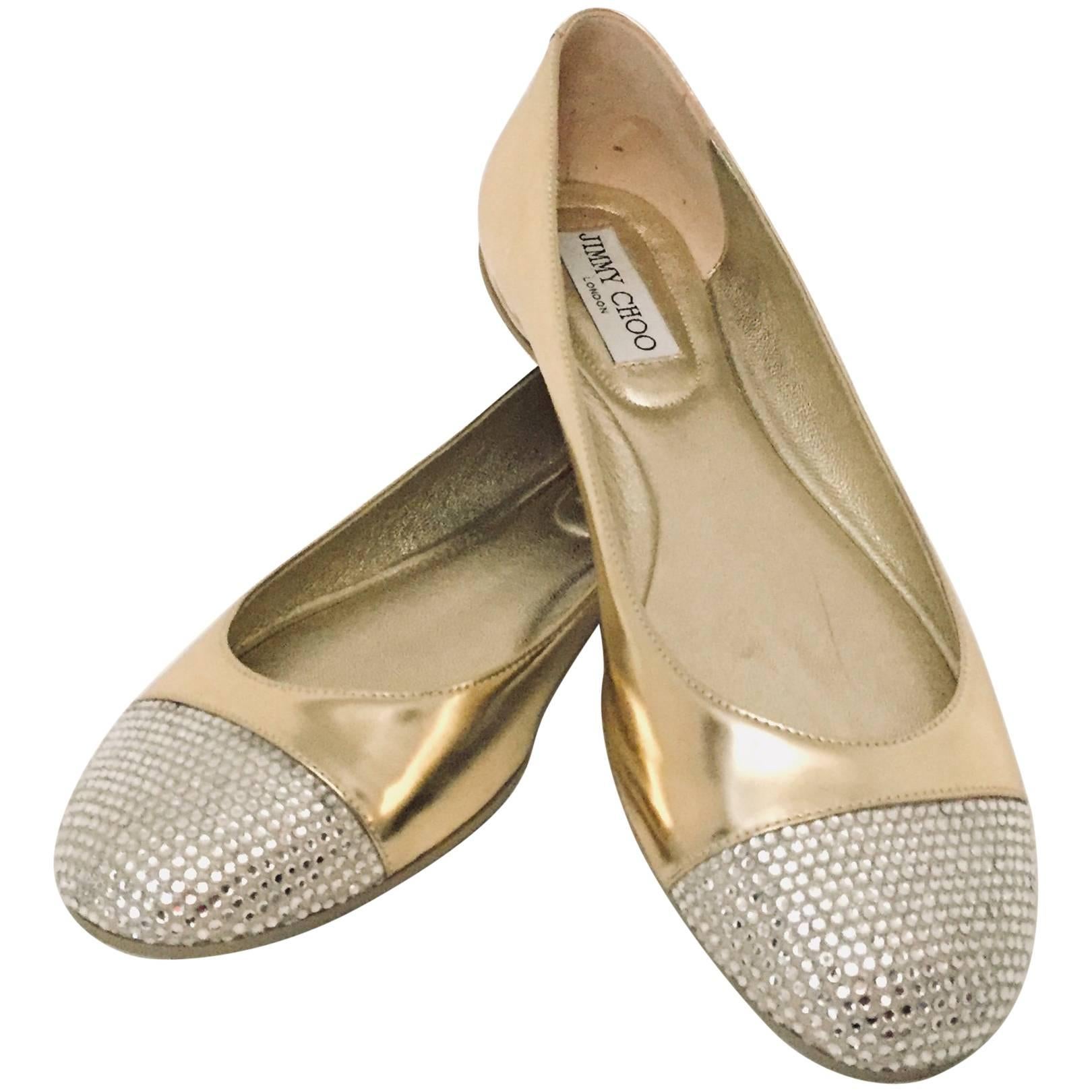 Jimmy Choo Crystal Embellished Cap Toe and Gold Leather Gaze Ballerinas For Sale