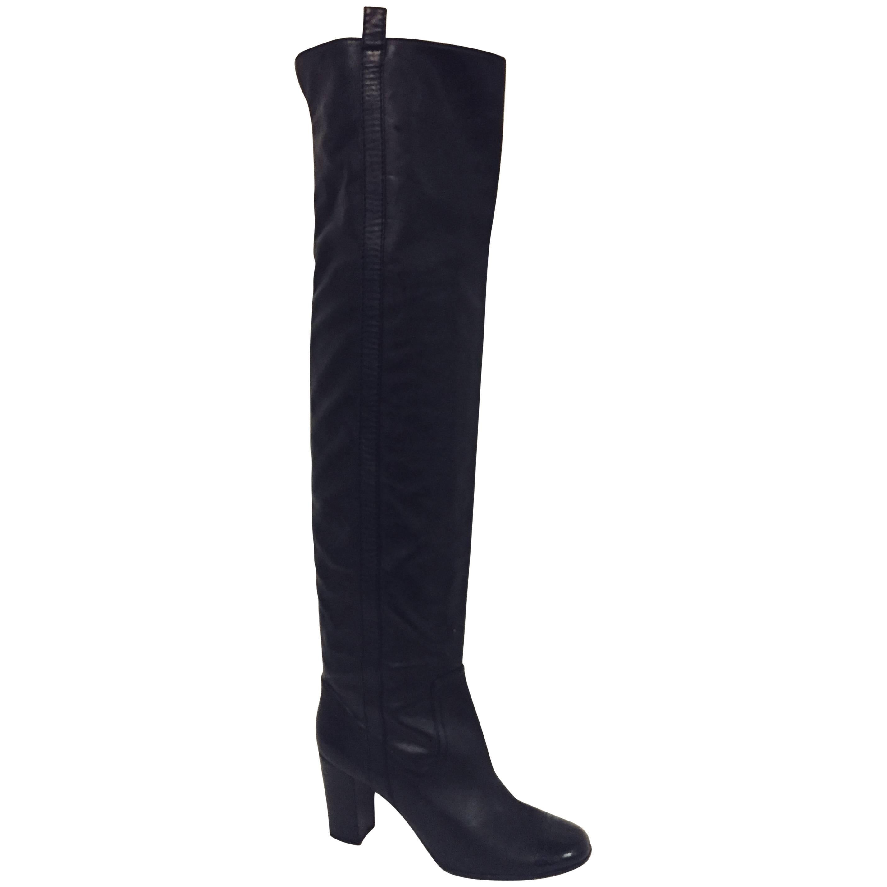 Chanel Black Leather Over The Knee High Heel Boots With Black Patent Cap Toes For Sale