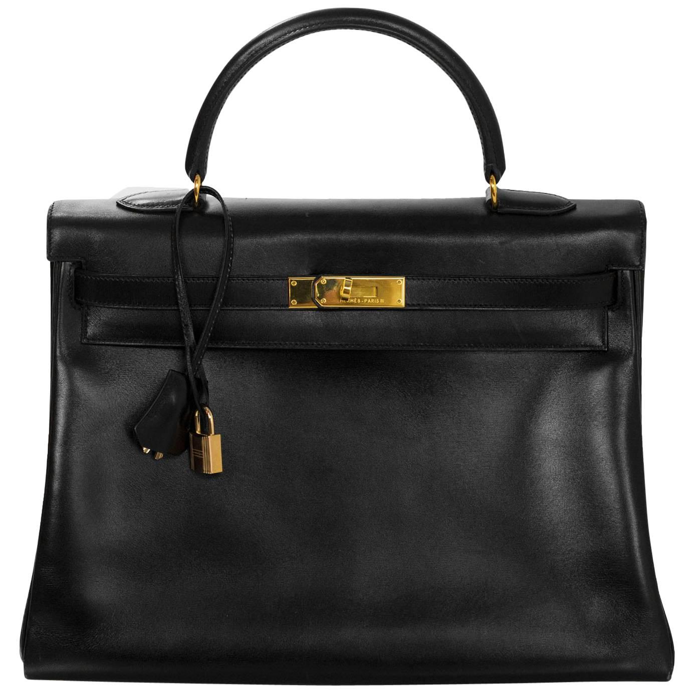 Hermes 1999 Vintage Black Box Leather 35cm Kelly Bag with Dust Bag