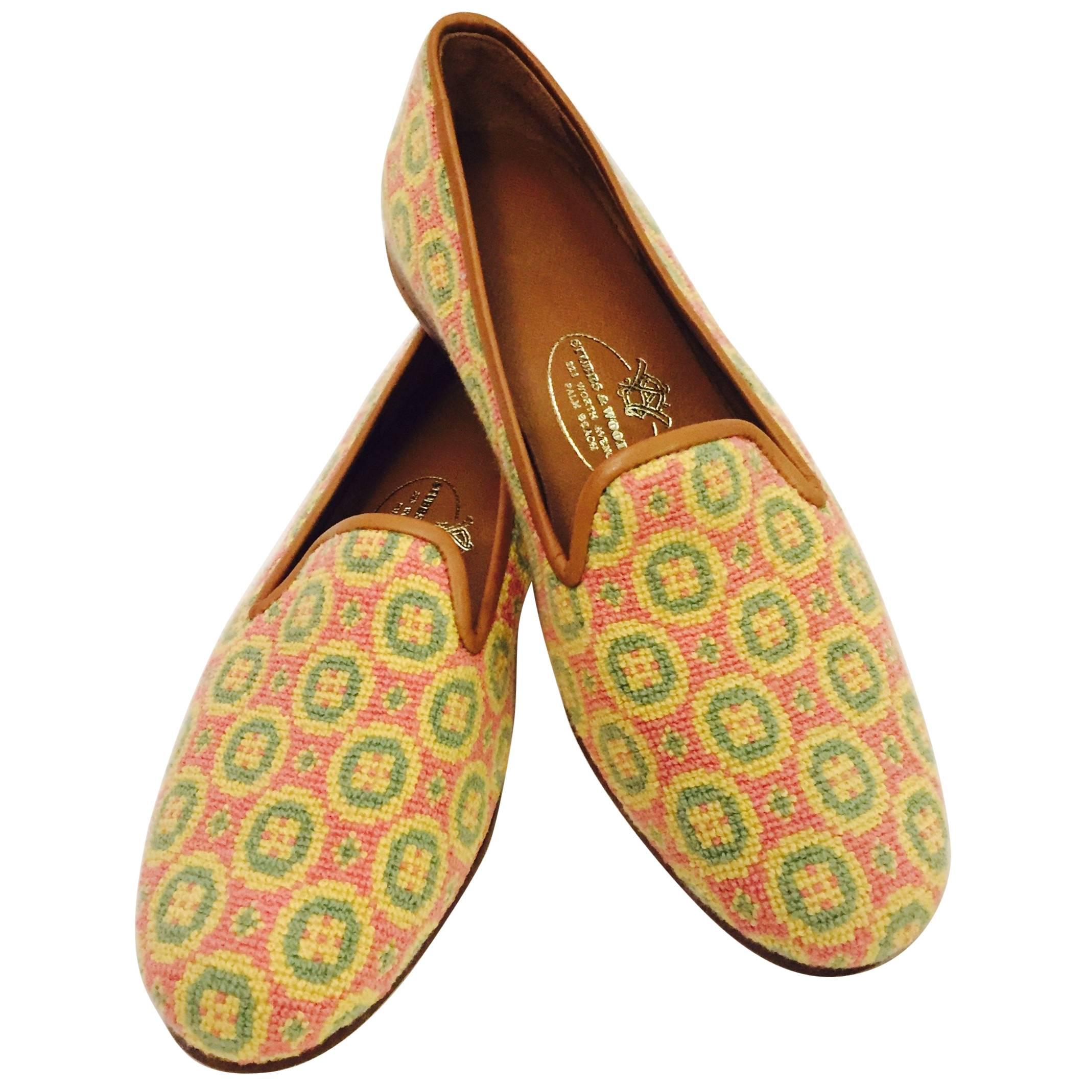 Stubbs & Wootton Sensible Needlepoint Fabric Slippers in Yellow Pink and Green 