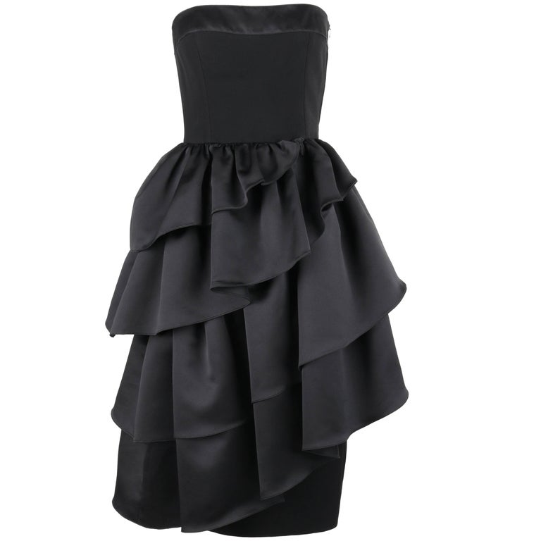 Louis Feraud C.1980's Black Asymmetrical Tiered Ruffle Cocktail Dress
