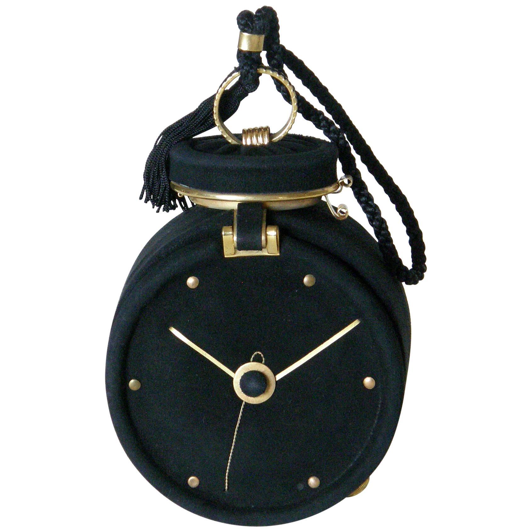 Jeanne Bernard of Paris Black Suede Clock Shaped Handbag 