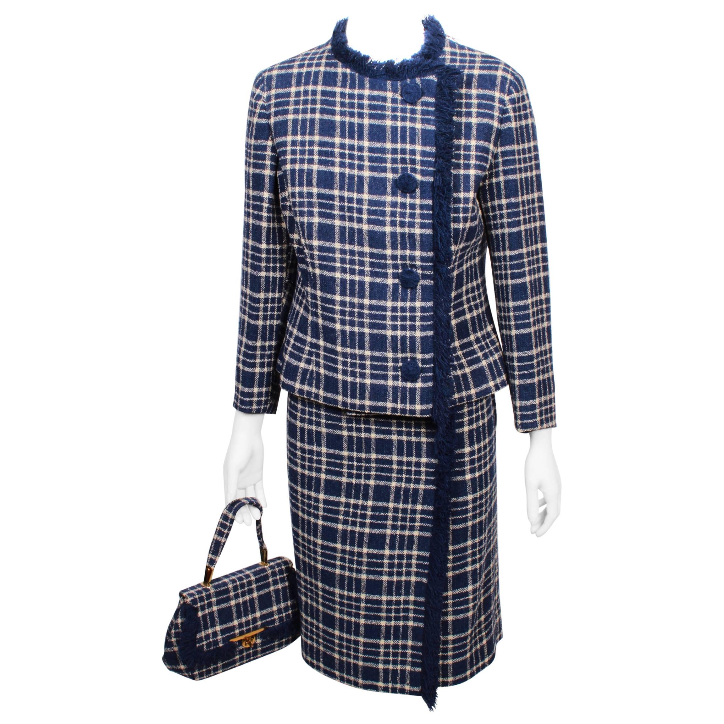 1960's Le Louvre Tweed Skirt Suit Ensemble and Matching Hand Bag