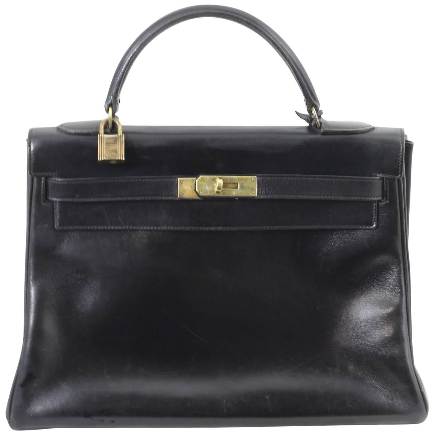 Vintage Hemes Kelly 32 Bag in Black Box Leather