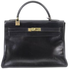 Vintage Hemes Kelly 32 Bag in Black Box Leather