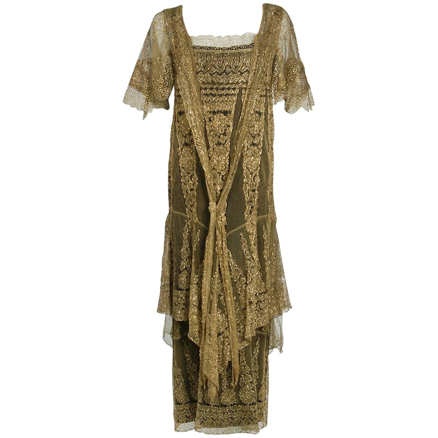 1920's Oppenheim Collins Couture Metallic-Gold Lace Tiered Flutter Evening Dress