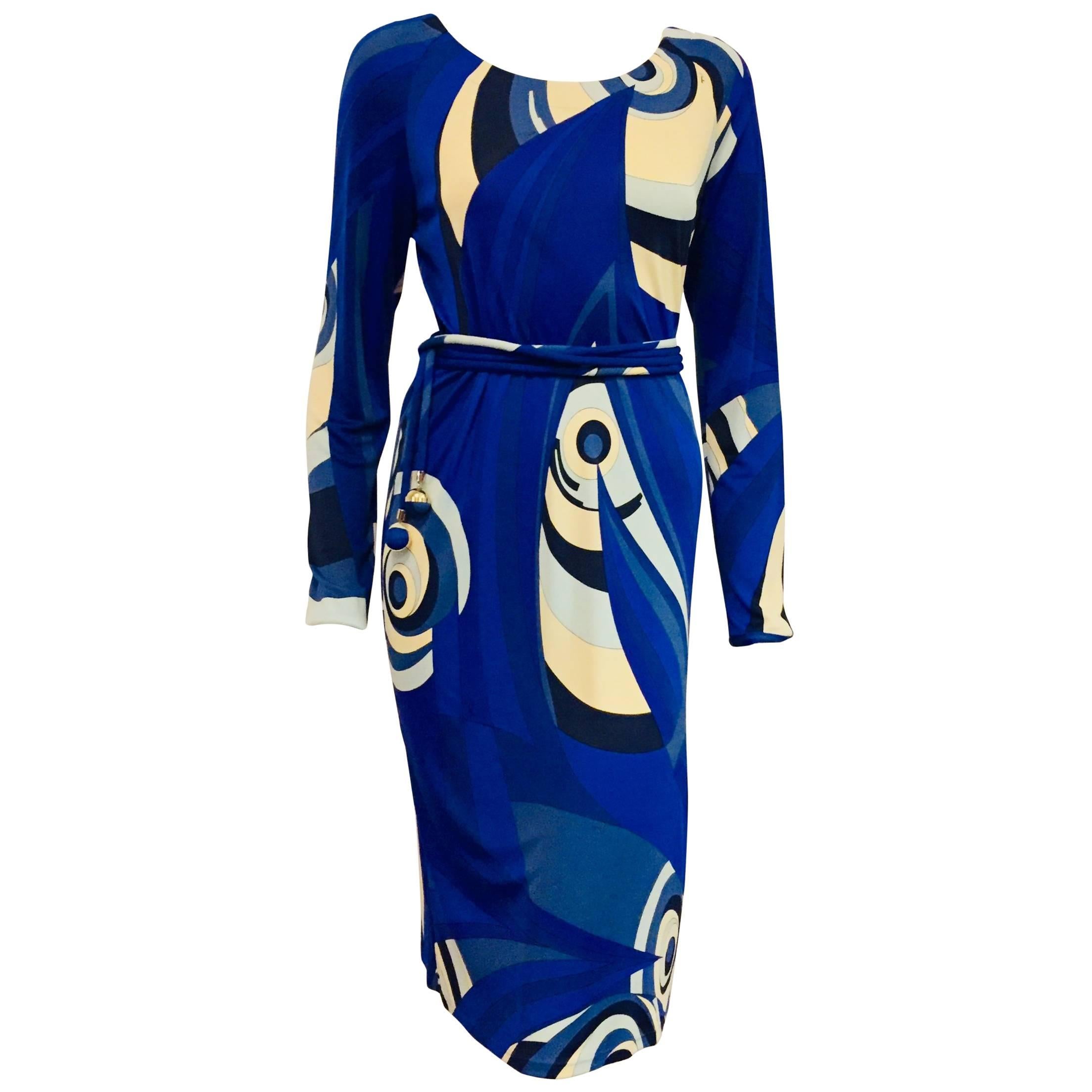 Exotic Emilio Pucci Blue Tone Abstract Print Long Sleeve Dress w/Bateau Neckline