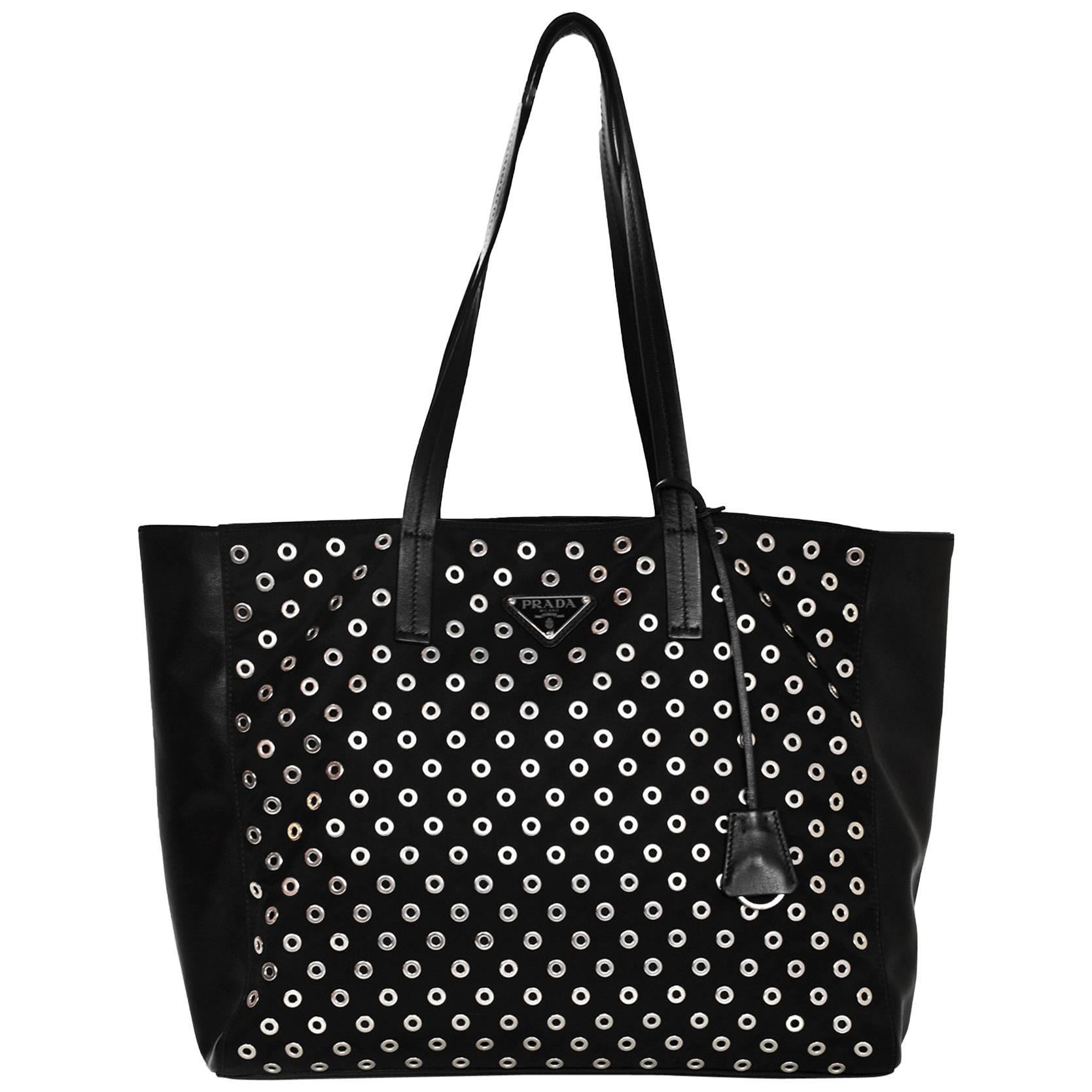 Prada Black Tessuto & Leather Grommet Tote Bag