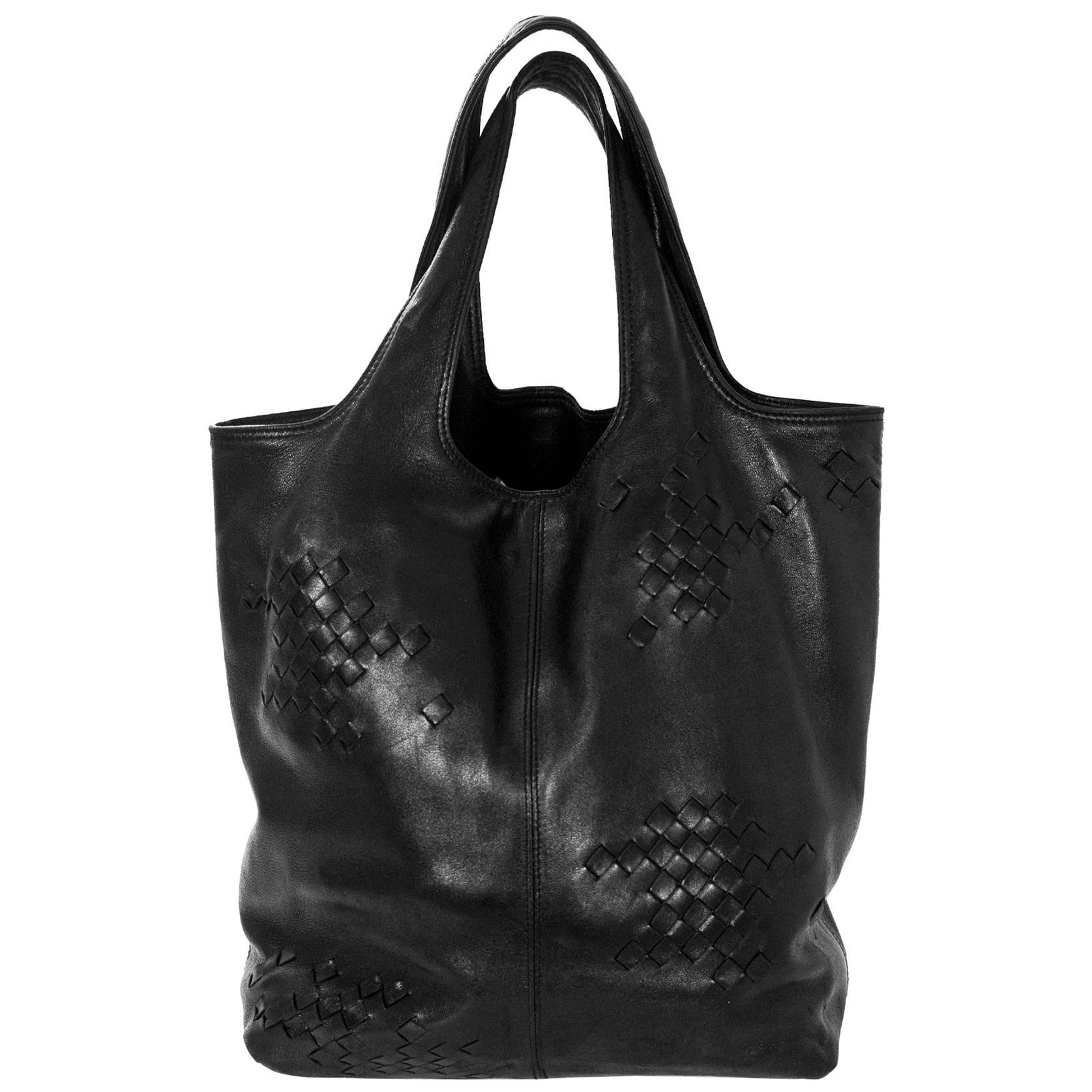 Bottega Veneta Black Leather & Intrecciato Woven Tote Bag