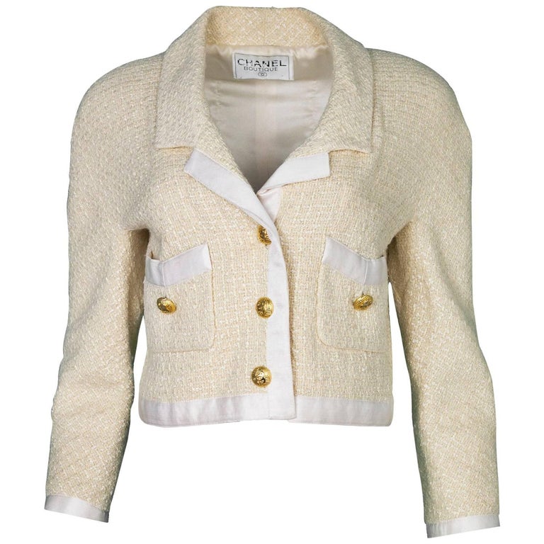 Chanel Vintage Cream Boucle and Satin Cropped Jacket For Sale at