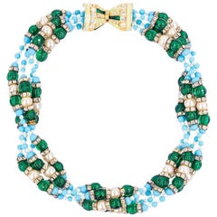 60s KJL  Multi-Strand Necklace of Emerald Green, Turquoise and Rhinestones