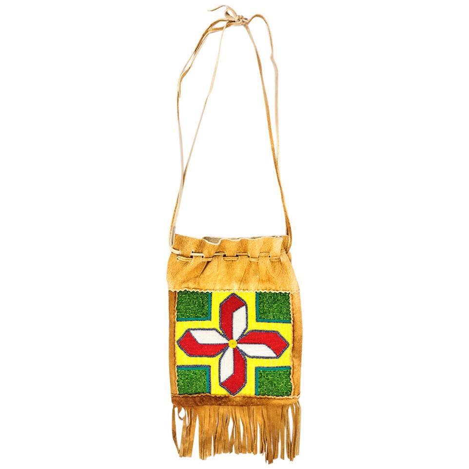 90s Canadian Doe Skin Fringed Pouch with Beadwork For Sale