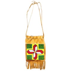 Used 90s Canadian Doe Skin Fringed Pouch with Beadwork