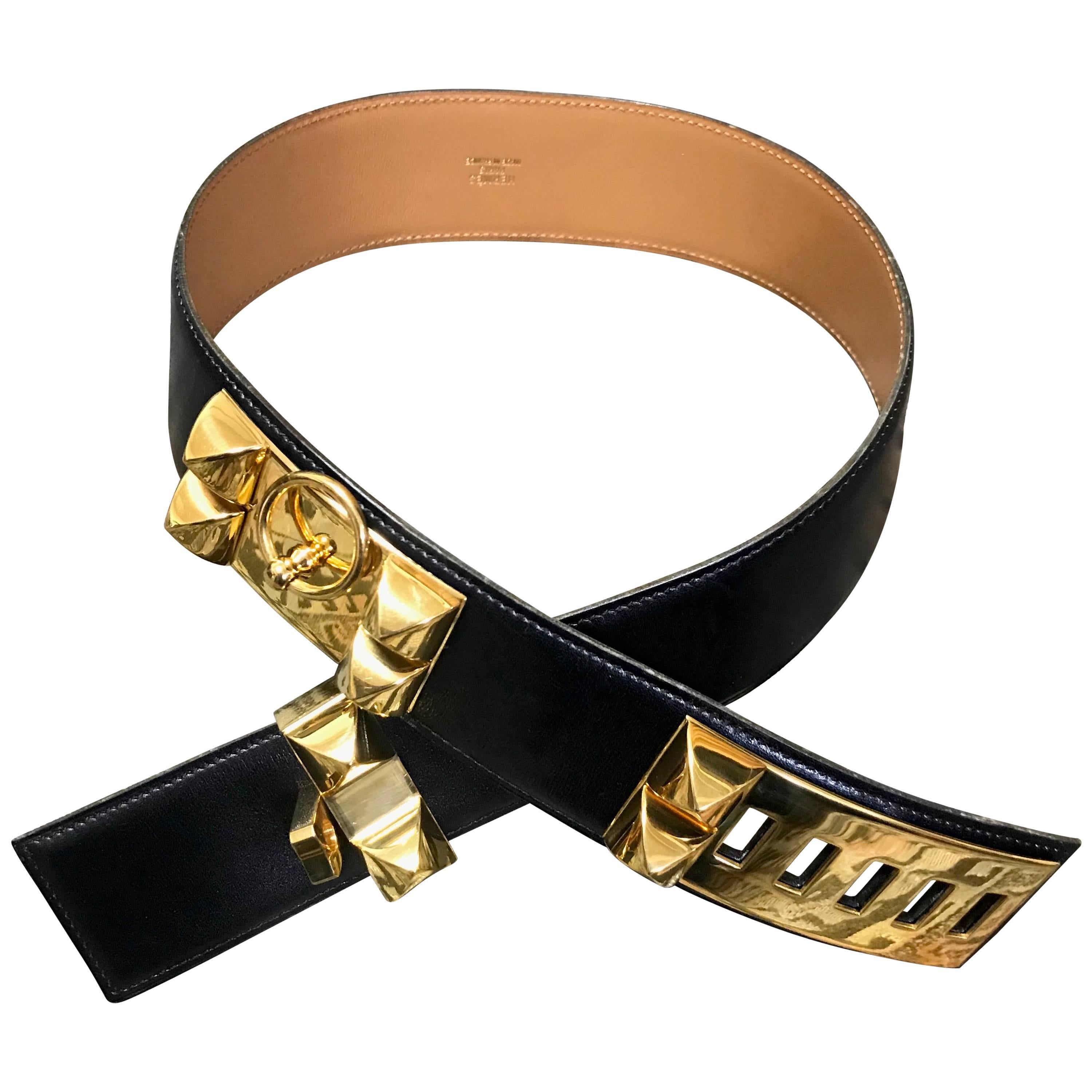 Hermes Collier de Chien Black Calfskin Medor belt with gold plated hardware 