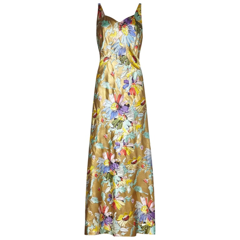 1930s Liquid Gold Satin Floral Print Bias Cut Dress For Sale at 1stDibs