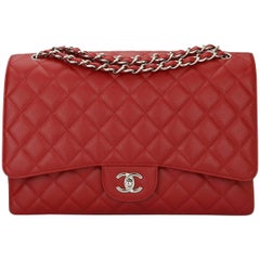 CHANEL Red Caviar Maxi Single Flap with Silver Hardware 2009