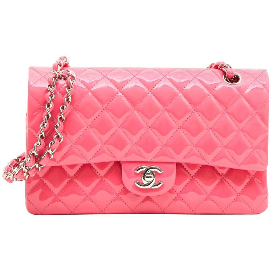CHANEL 'Timeless' Double Flap Bag in Pink Patent Leather