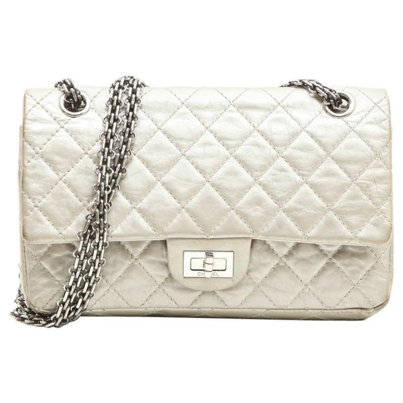 CHANEL 'Timeless' Double Flap Bag in Aged Silver Leather