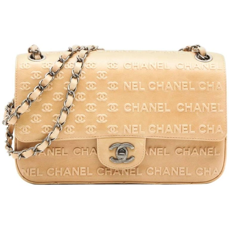 CHANEL 'Timeless' Flap Bag in Beige Embossed 'CHANEL' and 'CC' Lambskin