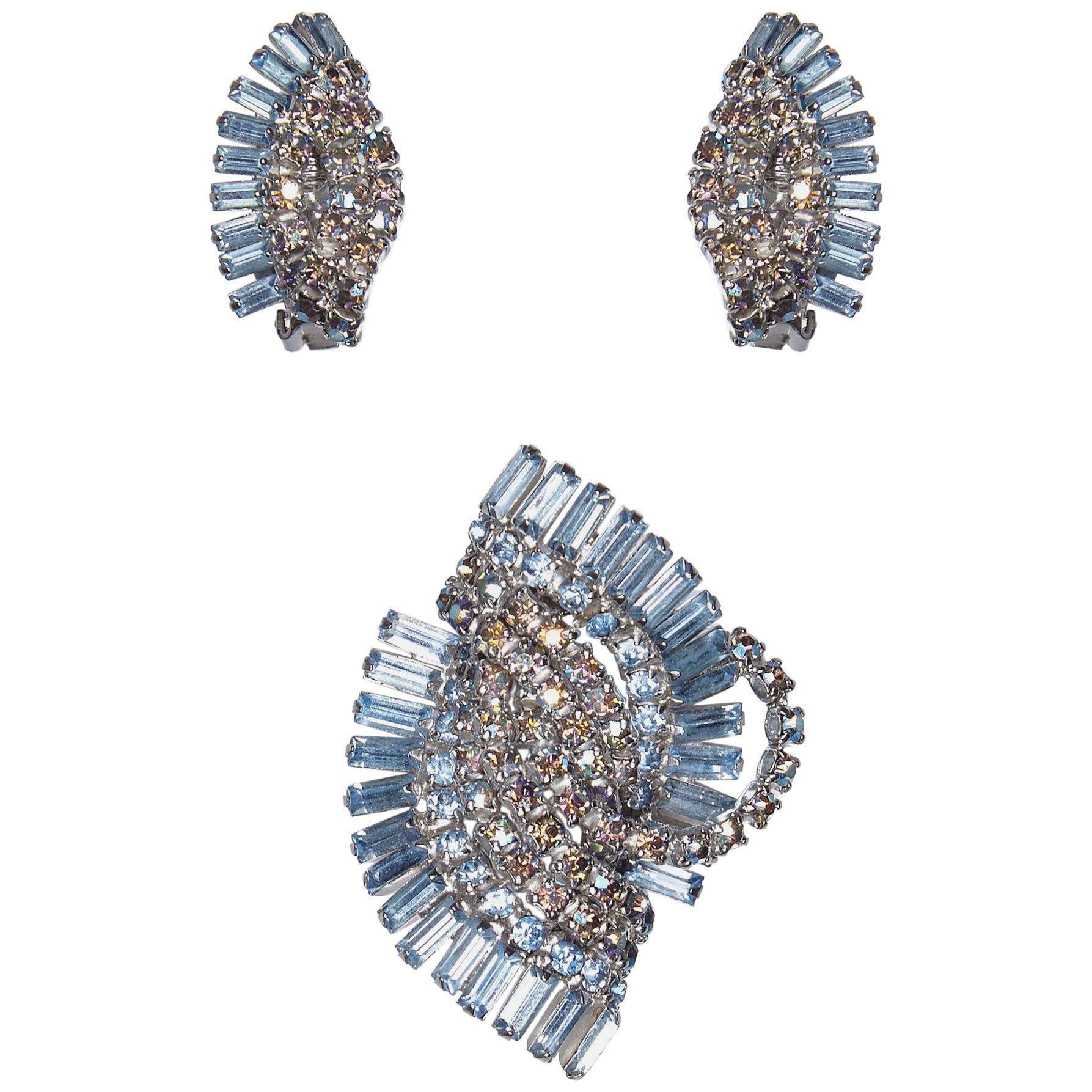 Vintage 1950s Diamante Earrings and Brooch Set in Aquamarine